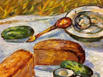 Rustic oil painting by Lina Alexandrovna Sokolova: bread and green vegetables still life
