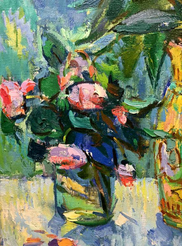Oil painting by Chehodar Vasyl: vibrant pink red roses, strawberries, lush green leaves