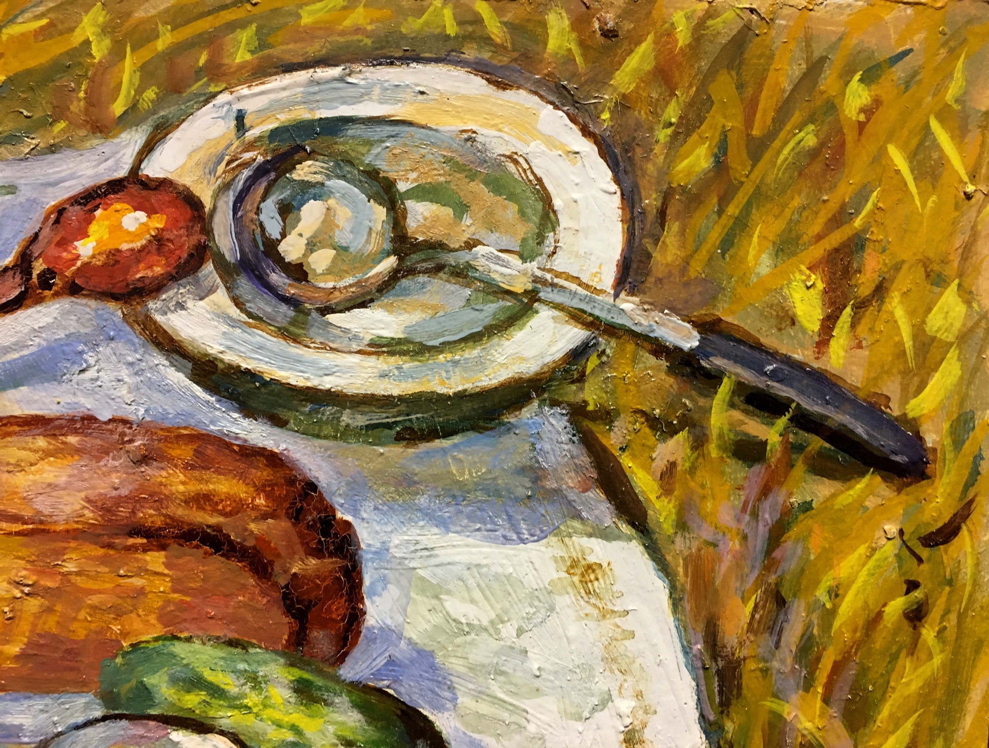 Oil painting Gifts of the Earth by Lina Alexandrovna Sokolova with silver spoon