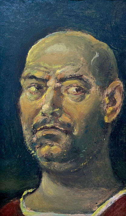 Textured oil painting Night self-portrait by Oleg Litvinov bald man mustache goatee
