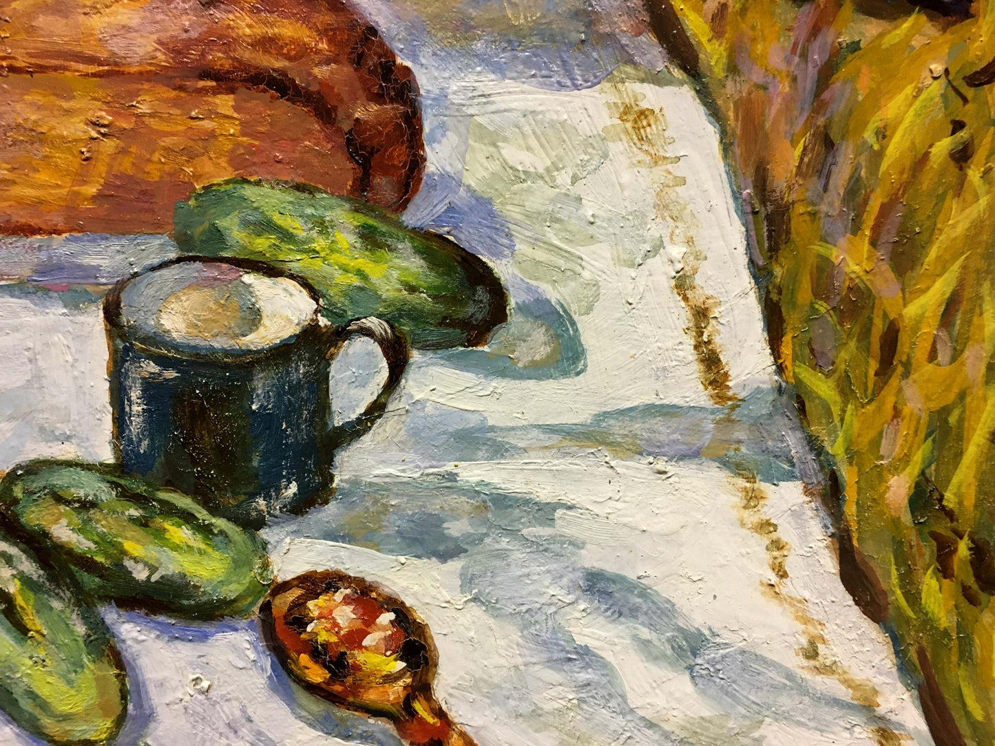 Oil painting Gifts of the Earth by Lina Alexandrovna Sokolova: dark blue mug with green cucumbers