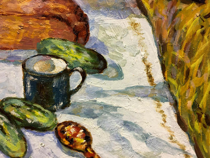 Oil painting Gifts of the Earth by Lina Alexandrovna Sokolova: dark blue mug with green cucumbers