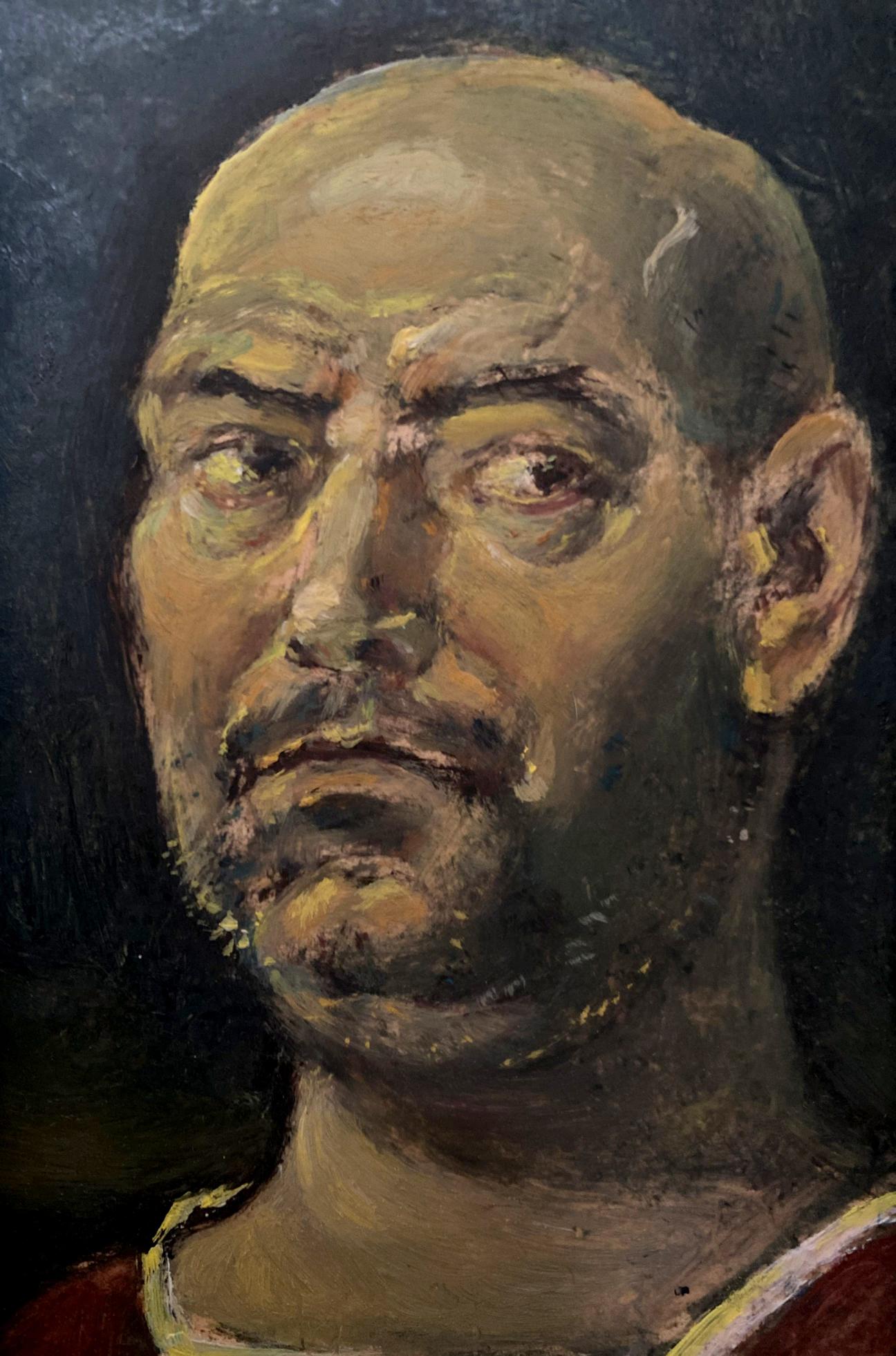 Textured oil painting Night self-portrait by Oleg Litvinov bald man