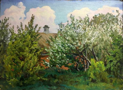 Oil painting by A. Cherkas: rustic red brick house with thatched roof in summer landscape