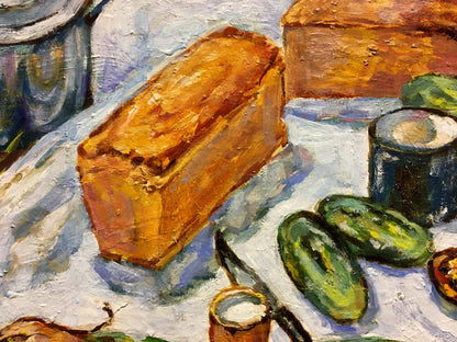 Golden-brown crusty bread loaf in Gifts of the Earth oil painting by Lina Alexandrovna Sokolova