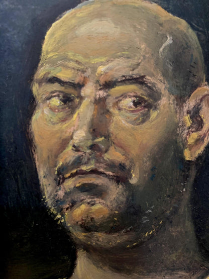 Textured oil painting of Night self-portrait by Oleg Litvinov, bald man face