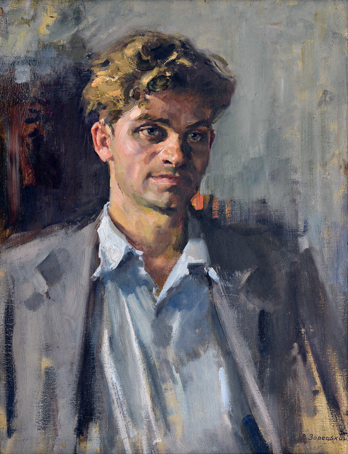 Oil painting man’s portrait by Zaretskyi Viktor, curly hair in suit