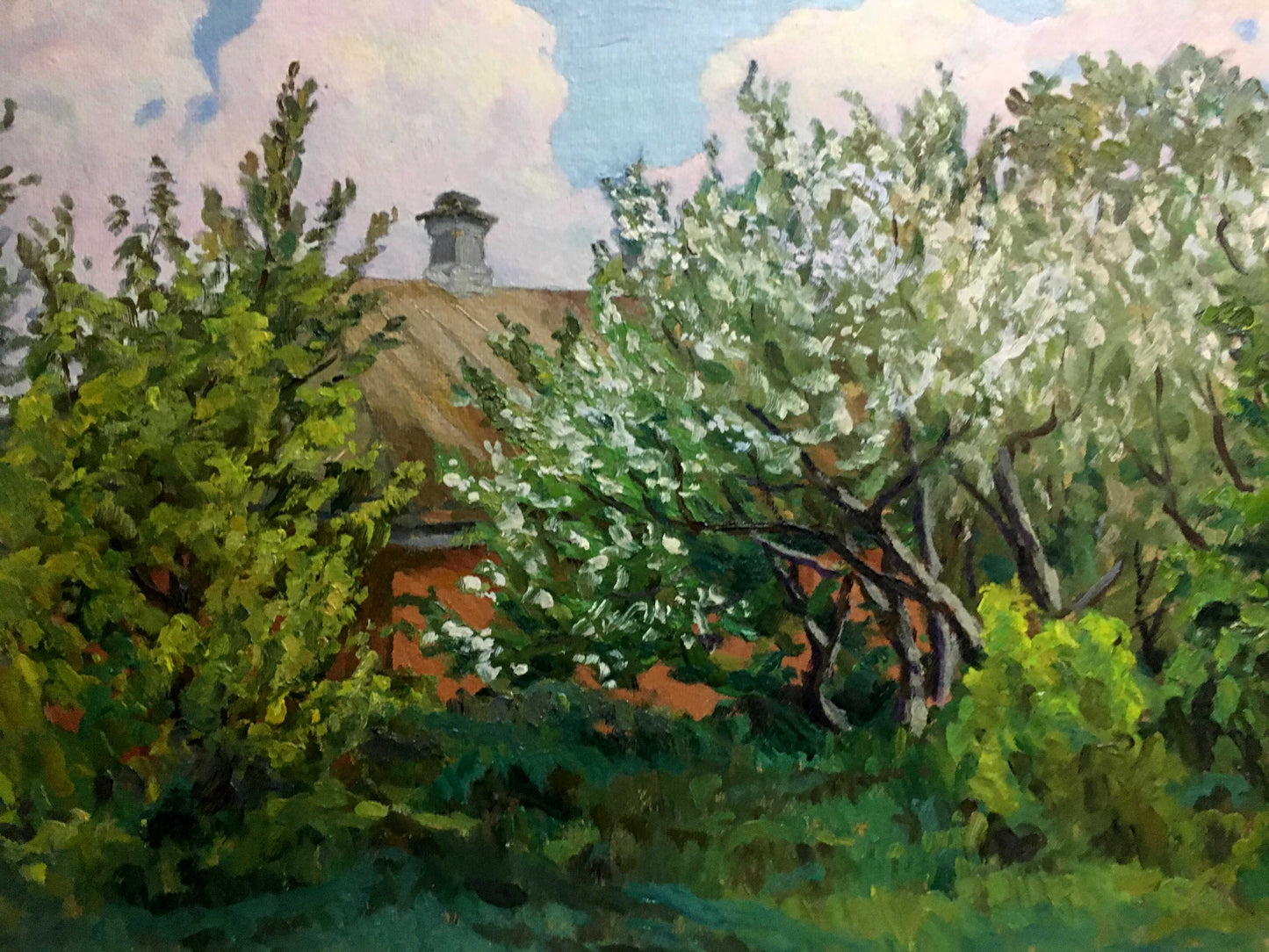 Oil painting by A. Cherkas: rustic red brick house with thatched roof in lush summer landscape