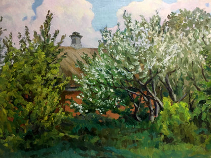 Oil painting by A. Cherkas: rustic red brick house with thatched roof in lush summer landscape