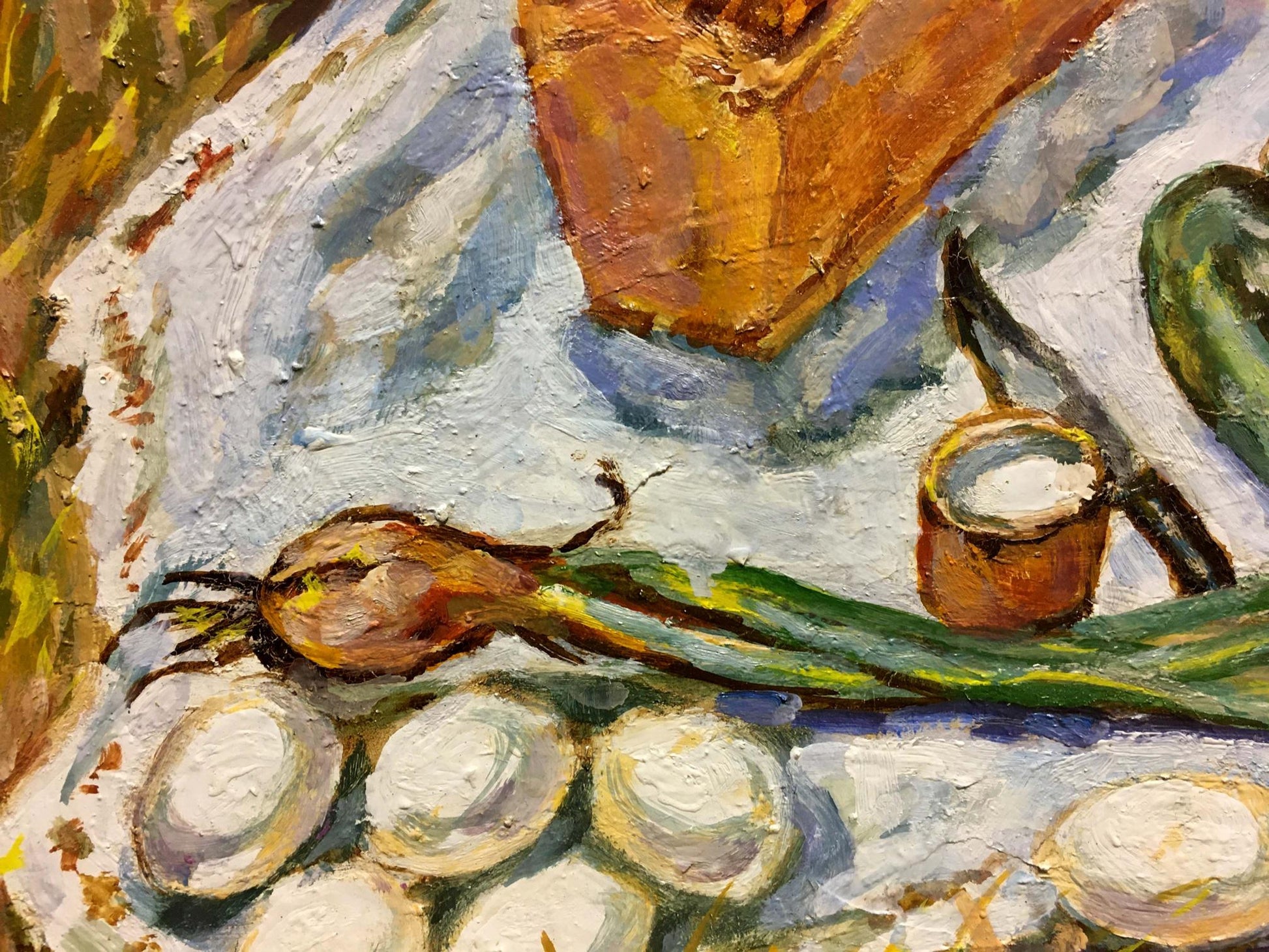 Textured impressionistic still life oil painting of eggs and green onions by Lina Alexandrovna Sokolova