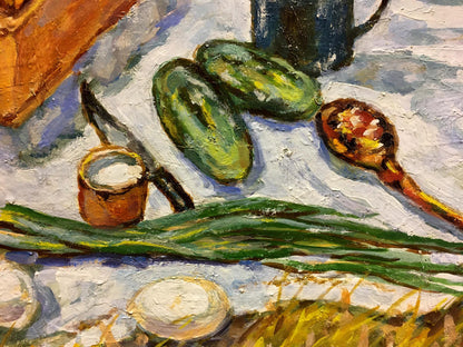 Oil painting of three striped green pickles by Lina Alexandrovna Sokolova