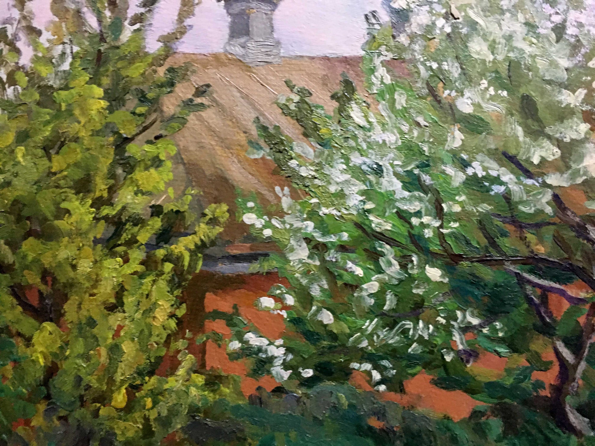 Vibrant impressionist oil painting by A. Cherkas: lush green foliage, white blossoms frame rustic building