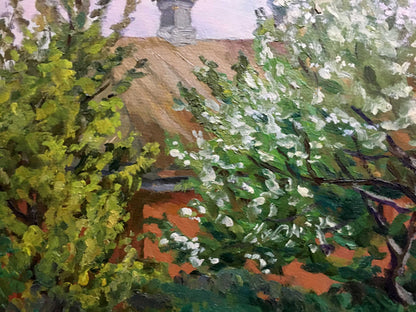 Vibrant impressionist oil painting by A. Cherkas: lush green foliage, white blossoms frame rustic building