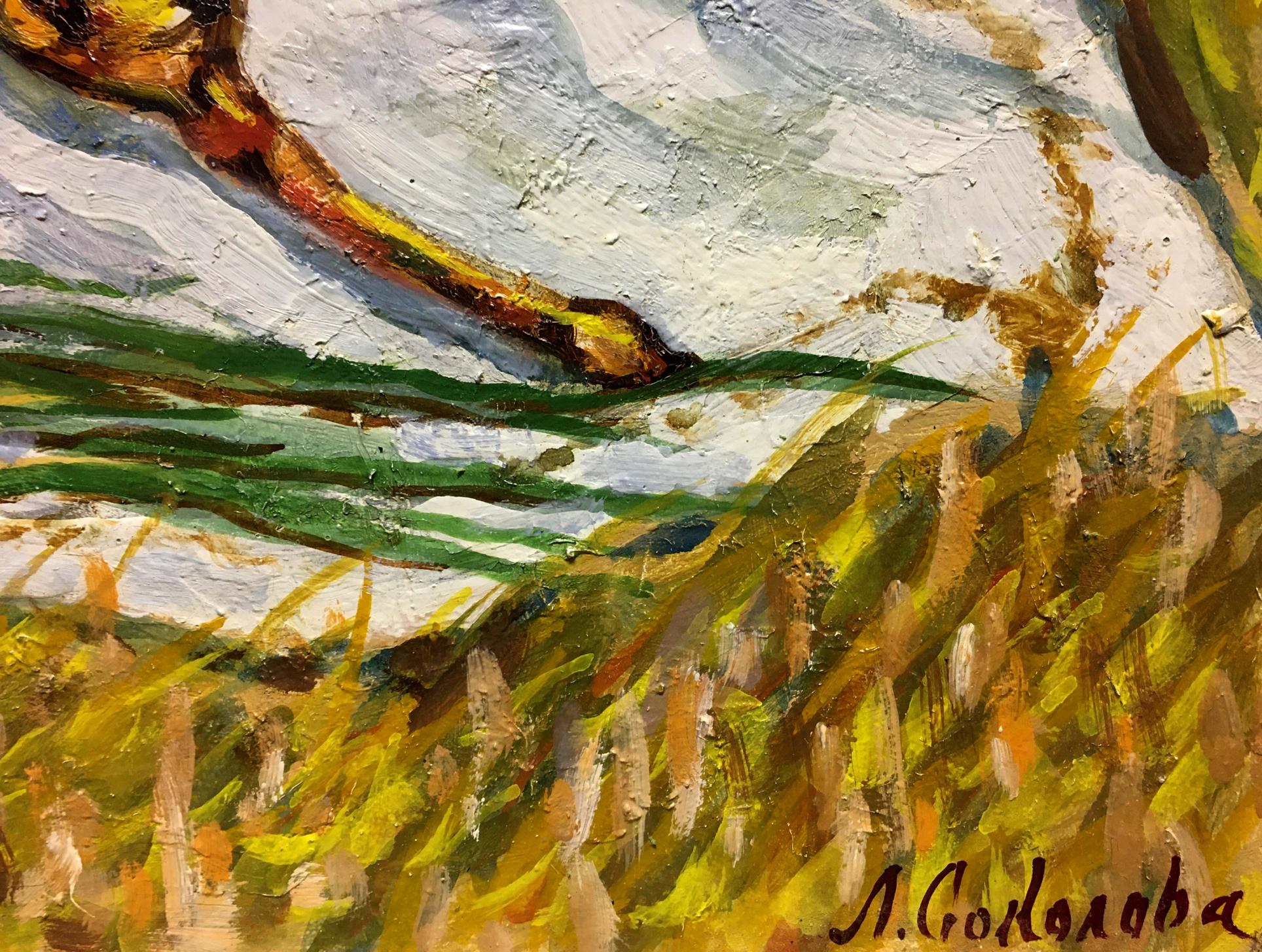 Oil painting Gifts of the Earth by Lina Alexandrovna Sokolova, golden branch and leaves