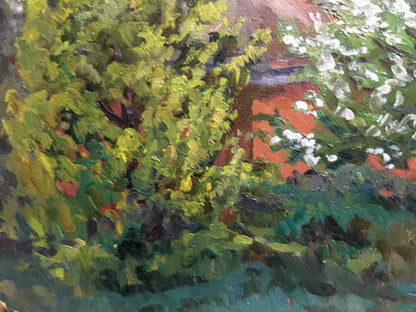 Oil painting summer landscape A. Cherkas with lush green foliage and blossoms