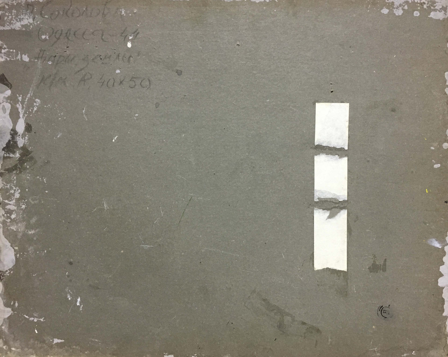 Back of Oil painting Gifts of the Earth by Lina Alexandrovna Sokolova, weathered gray canvas with white patches