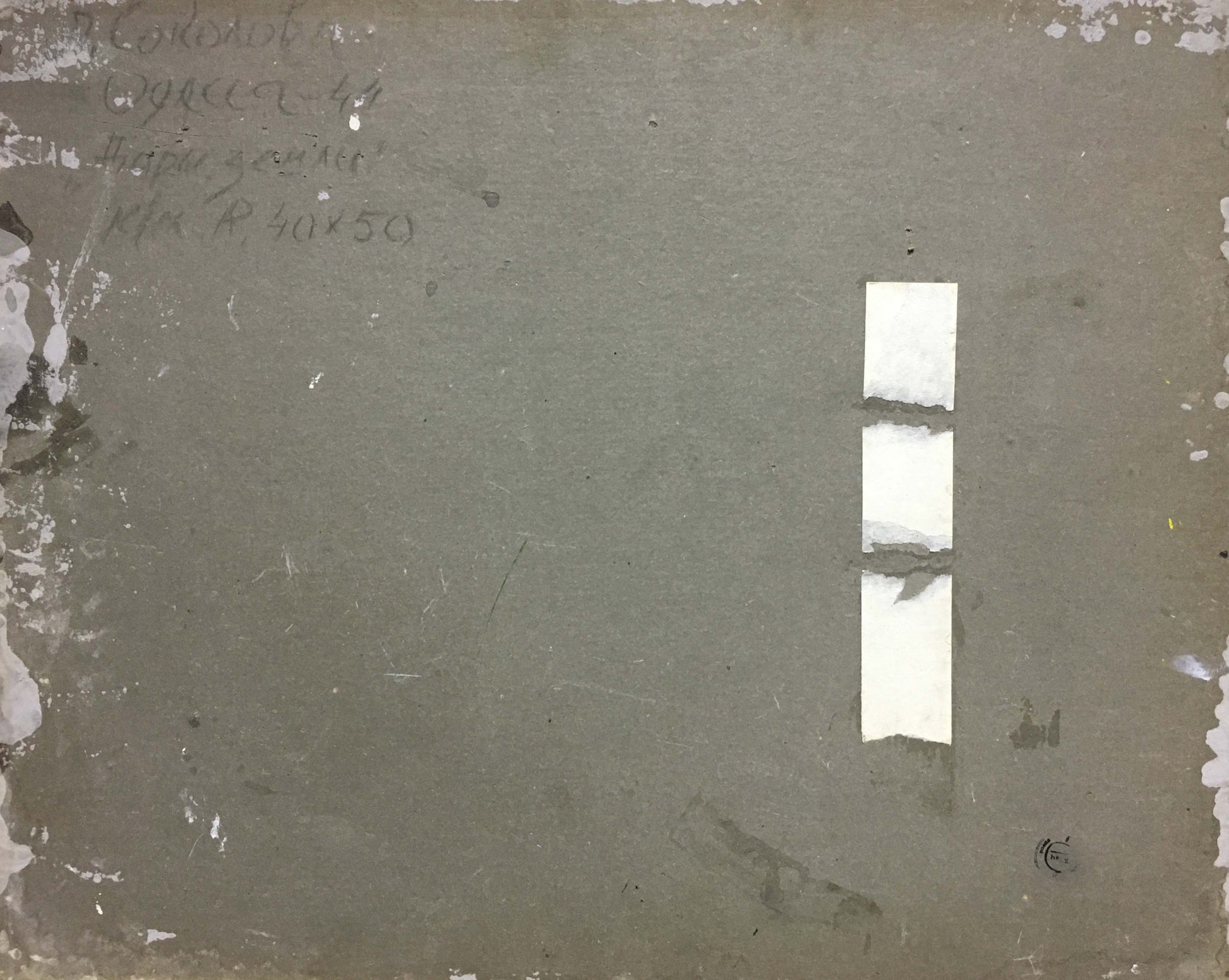 Back of Oil painting Gifts of the Earth by Lina Alexandrovna Sokolova, weathered gray canvas with white patches