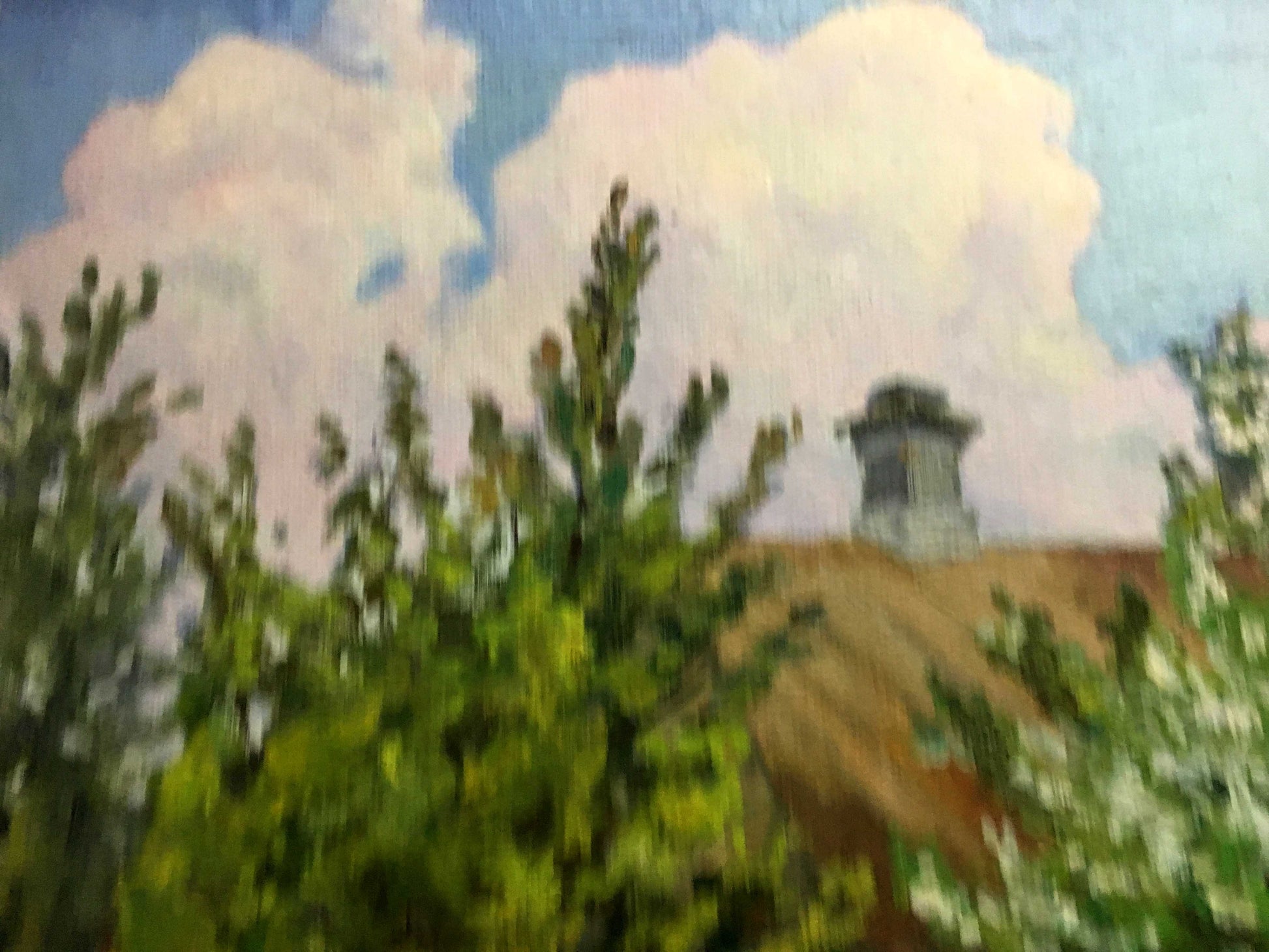 Oil painting by A. Cherkas: gray stone chimney, dark roof in green foliage, blue sky