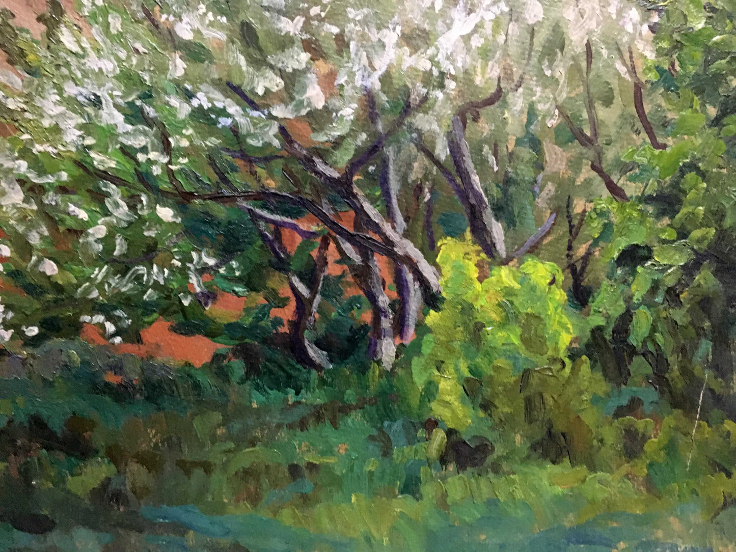 Vibrant impressionist oil painting by A. Cherkas of blossoming tree in summer landscape