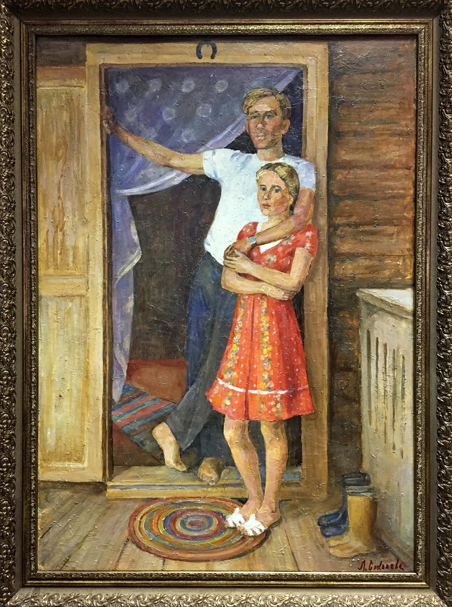 Oil painting by Lina Alexandrovna Sokolova: man and woman at doorway, ornate gold frame