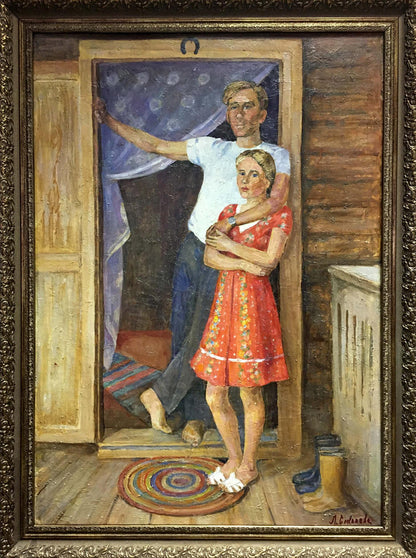 Oil painting by Lina Alexandrovna Sokolova: man and woman at doorway, ornate gold frame