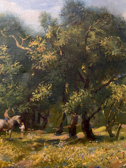 Oil painting by July Litvinov Oleg Arkad’yevich: sun-dappled forest scene