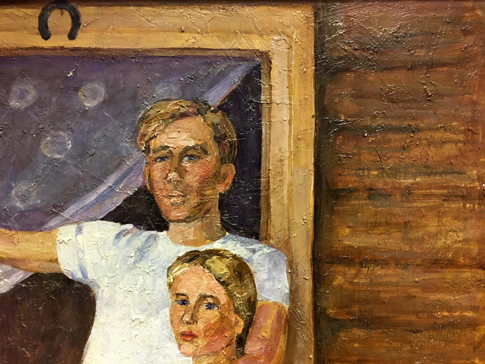 Oil painting family portrait by Lina Alexandrovna Sokolova, man and child in white on starry background