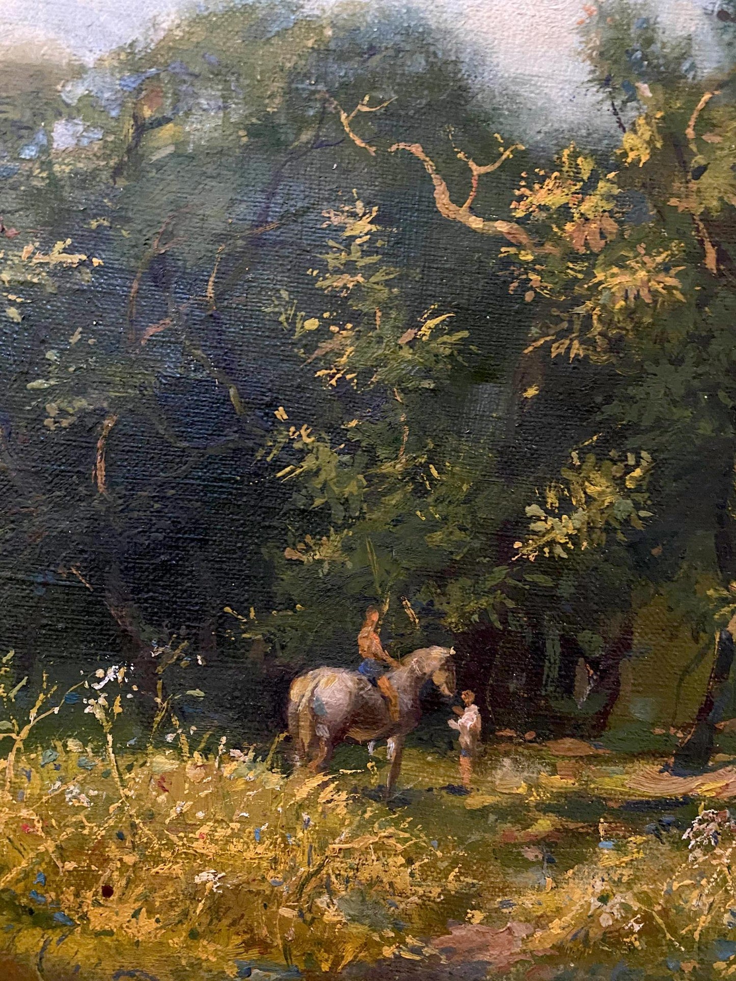 Oil painting by July Litvinov Oleg Arkadyevich of light gray horse in sun-dappled forest