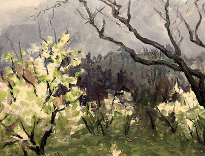 Oil painting Spring in Alupka by Basov Yakov Alexandrovich: textured impressionist bare branches, budding green foliage, muted gray sky