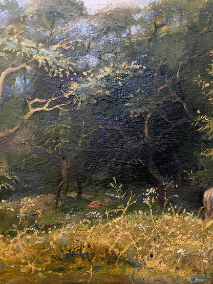 Oil painting by July Litvinov Oleg Arkadyevich: sun-dappled forest scene