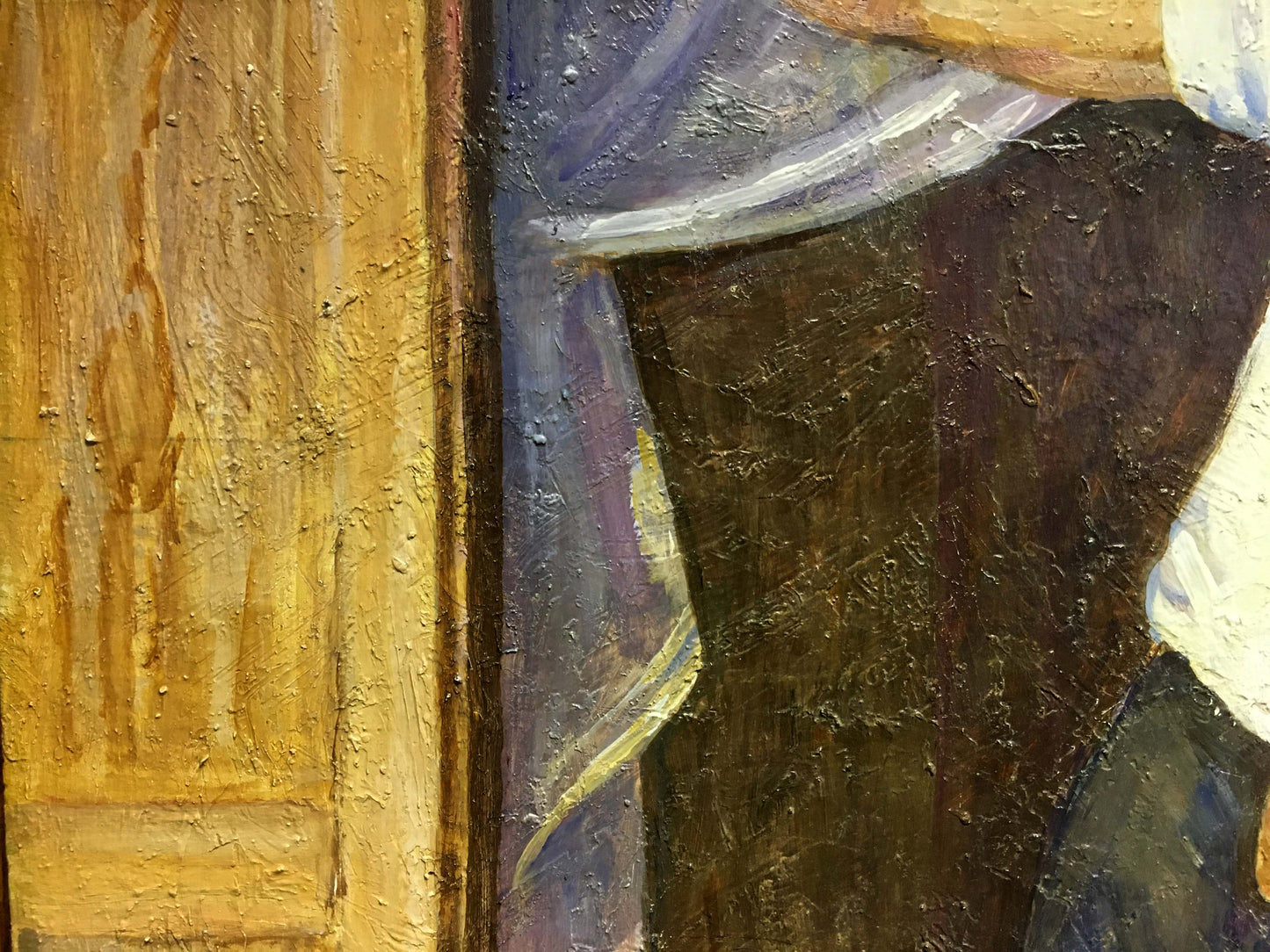Oil painting of family portrait Lina Alexandrovna Sokolova with textured golden door and blue curtain