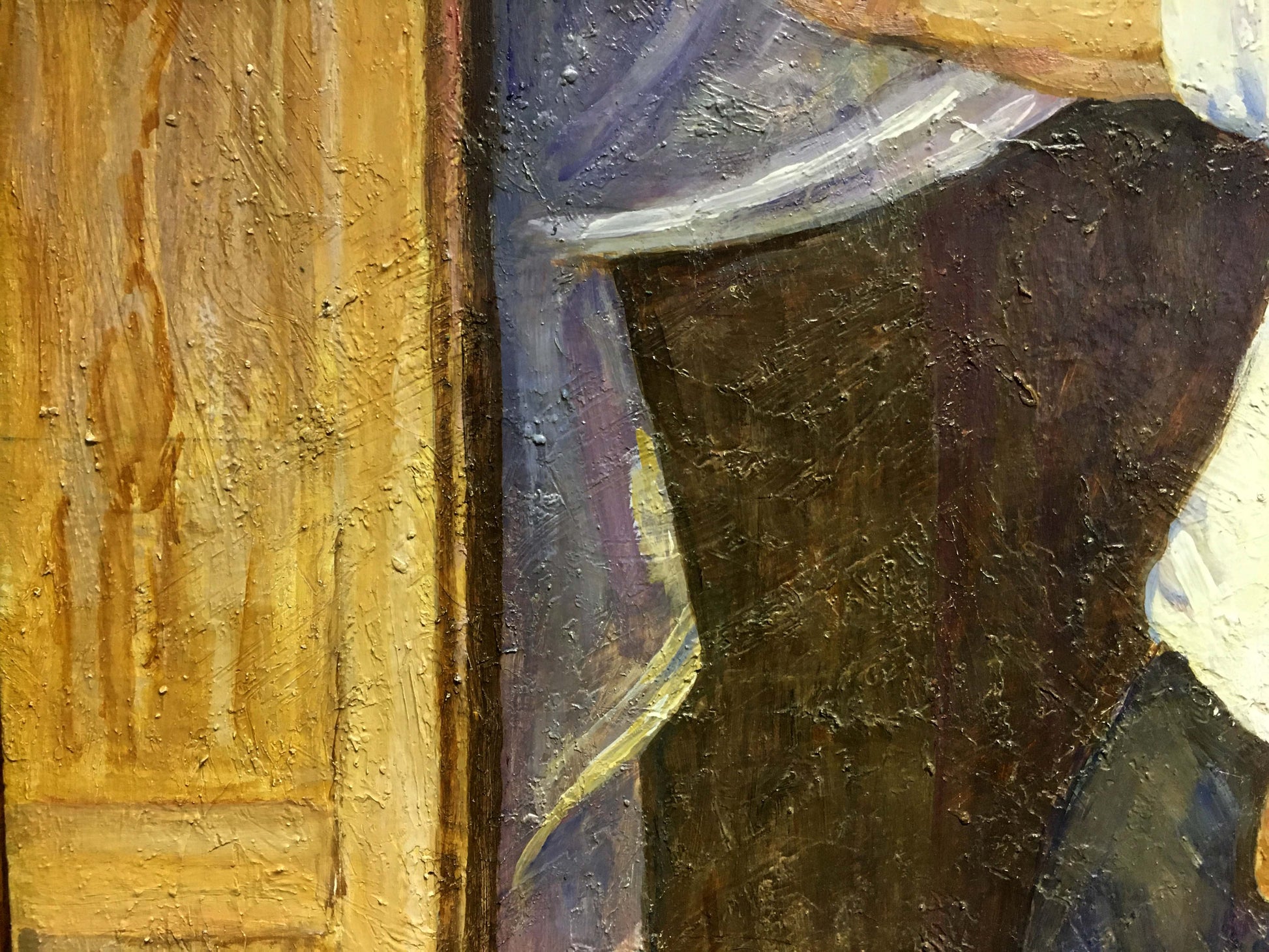 Oil painting of family portrait Lina Alexandrovna Sokolova with textured golden door and blue curtain
