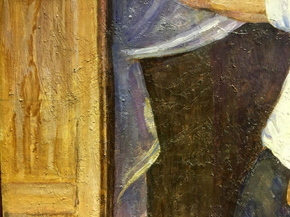 Oil painting of family portrait Lina Alexandrovna Sokolova with textured golden door and blue curtain