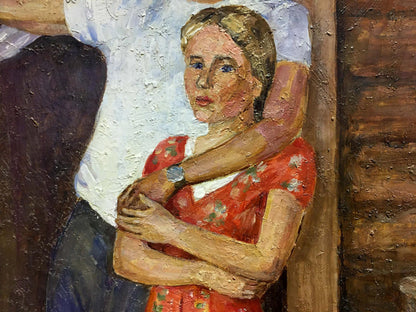 Oil painting of Lina Alexandrovna Sokolova in red floral dress, arms crossed