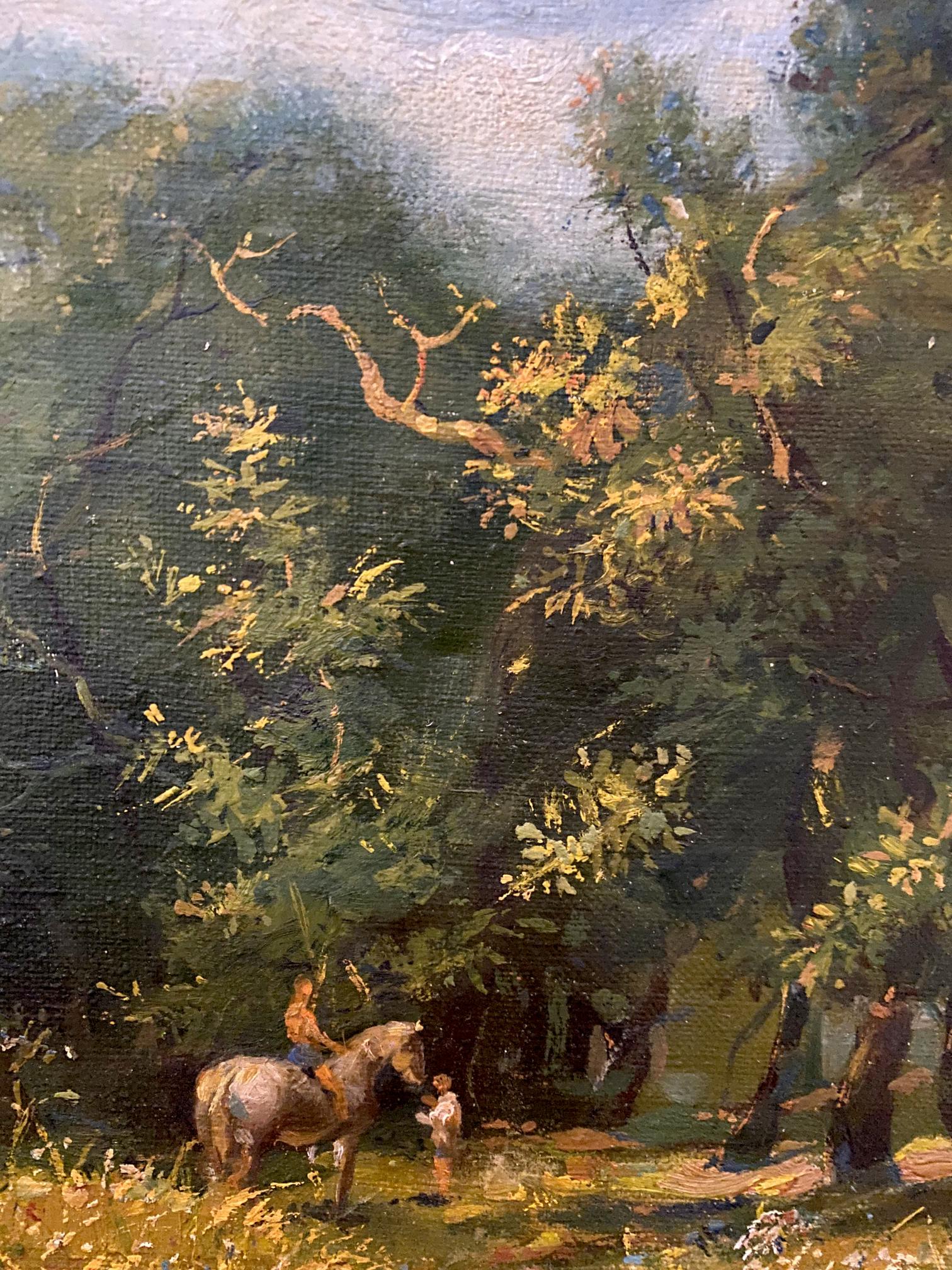 Rustic oil painting by July Litvinov Oleg Arkad’yevich of horse and rider in sun-dappled forest