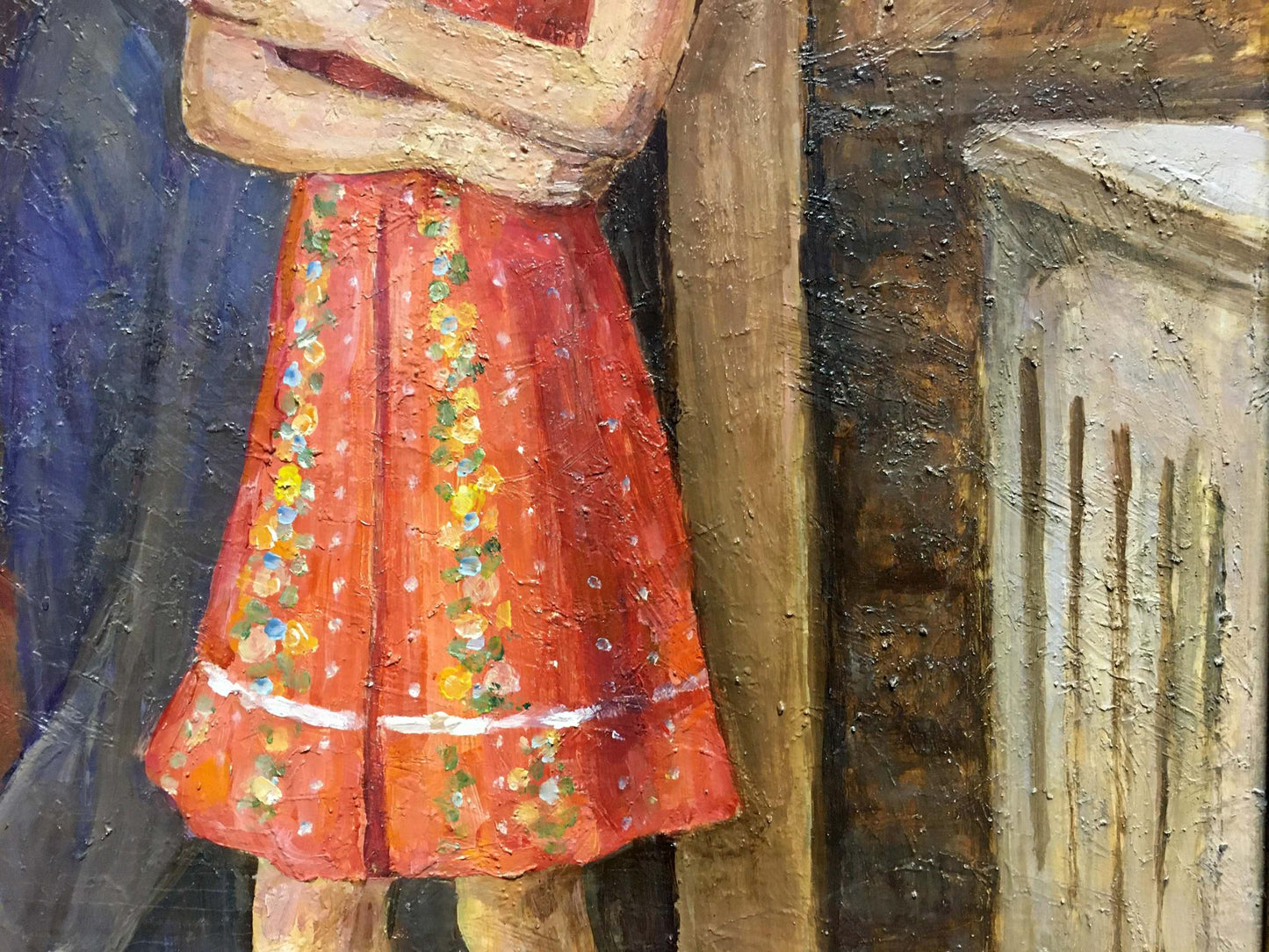 Oil painting family portrait by Lina Alexandrovna Sokolova with vibrant red floral skirt