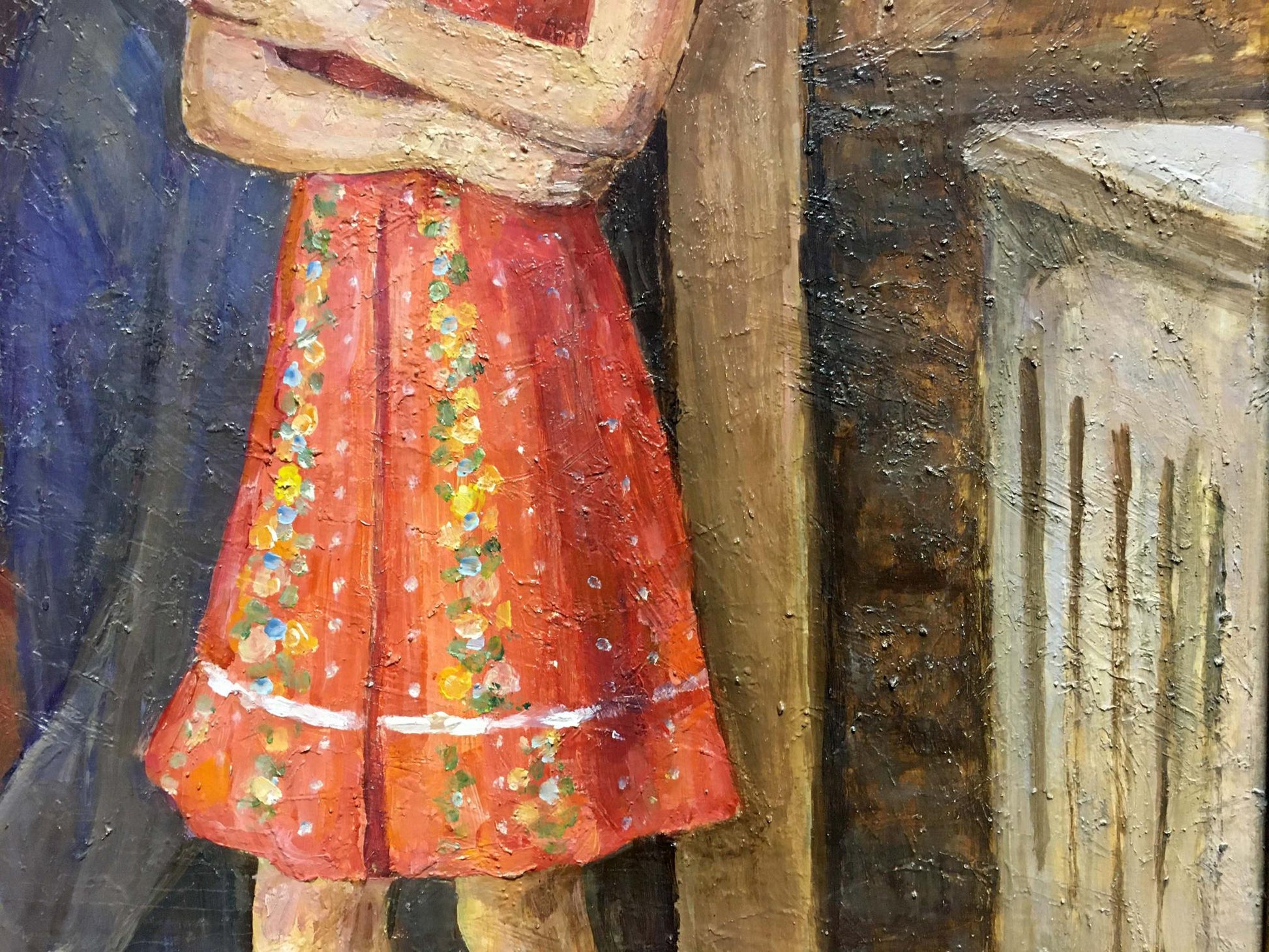 Oil painting family portrait by Lina Alexandrovna Sokolova with vibrant red floral skirt