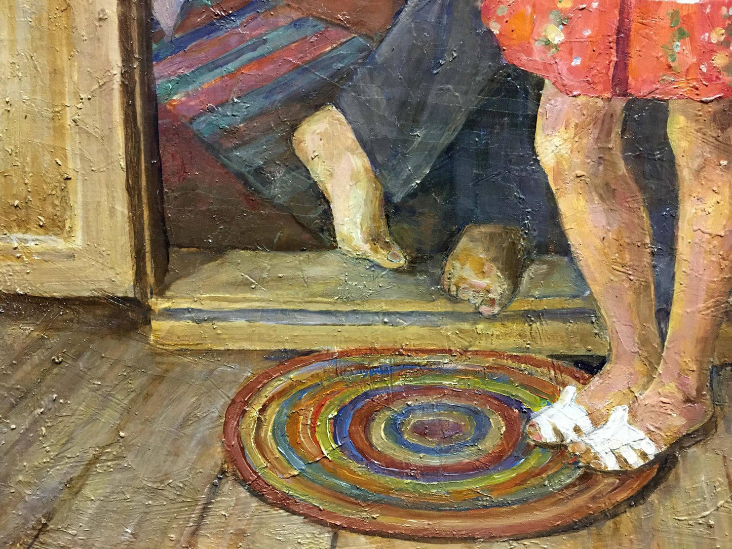 Vibrant circular Lina Alexandrovna Sokolova oil painting rug in rainbow rings