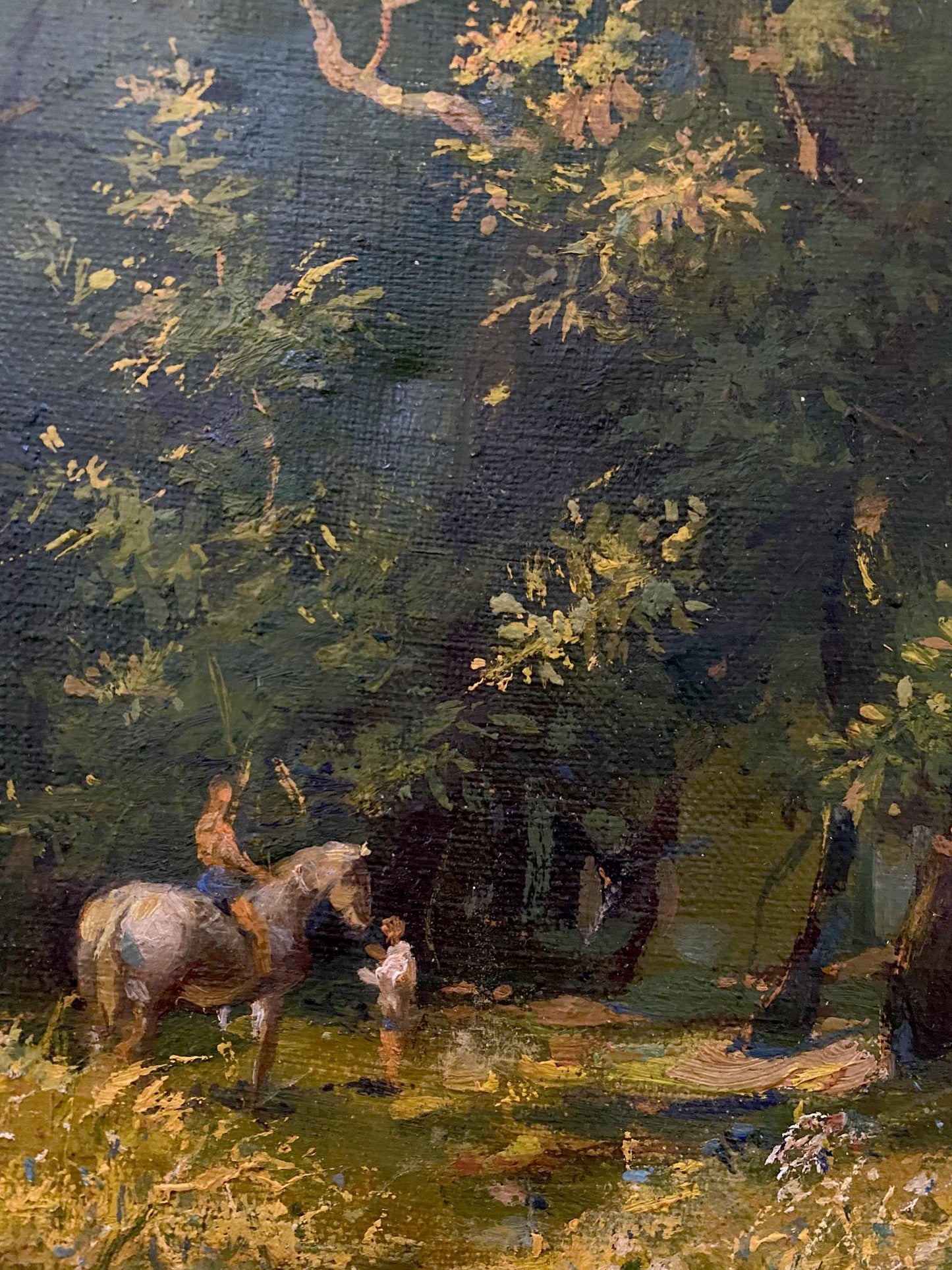 Oil painting by July Litvinov Oleg Arkad’yevich: white horse and rider in sun-dappled forest
