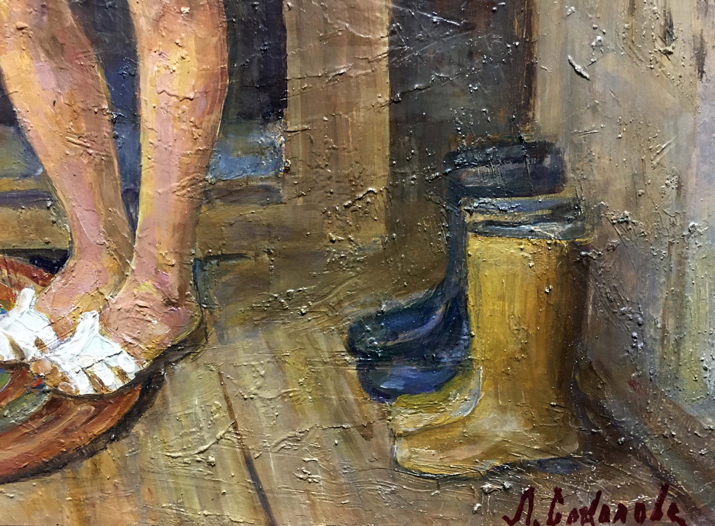Oil painting by Lina Alexandrovna Sokolova: yellow rubber boots beside sandal-clad feet