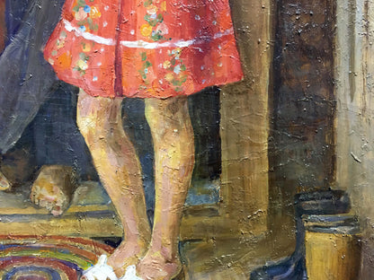 Oil painting of Lina Alexandrovna Sokolova family portrait, vibrant red floral skirt with white trim