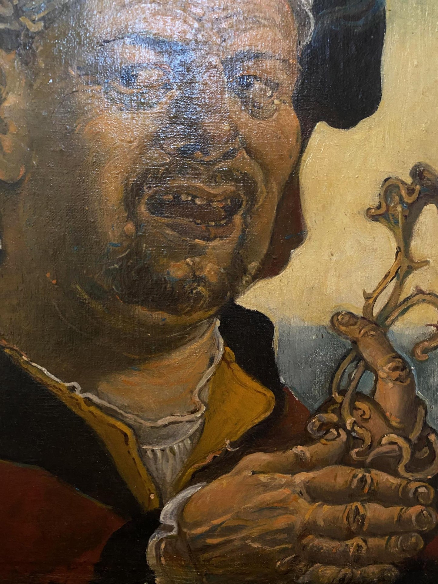 Oil painting Self-portrait with a hat by Oleg Litvinov, grimacing man holding golden clasps