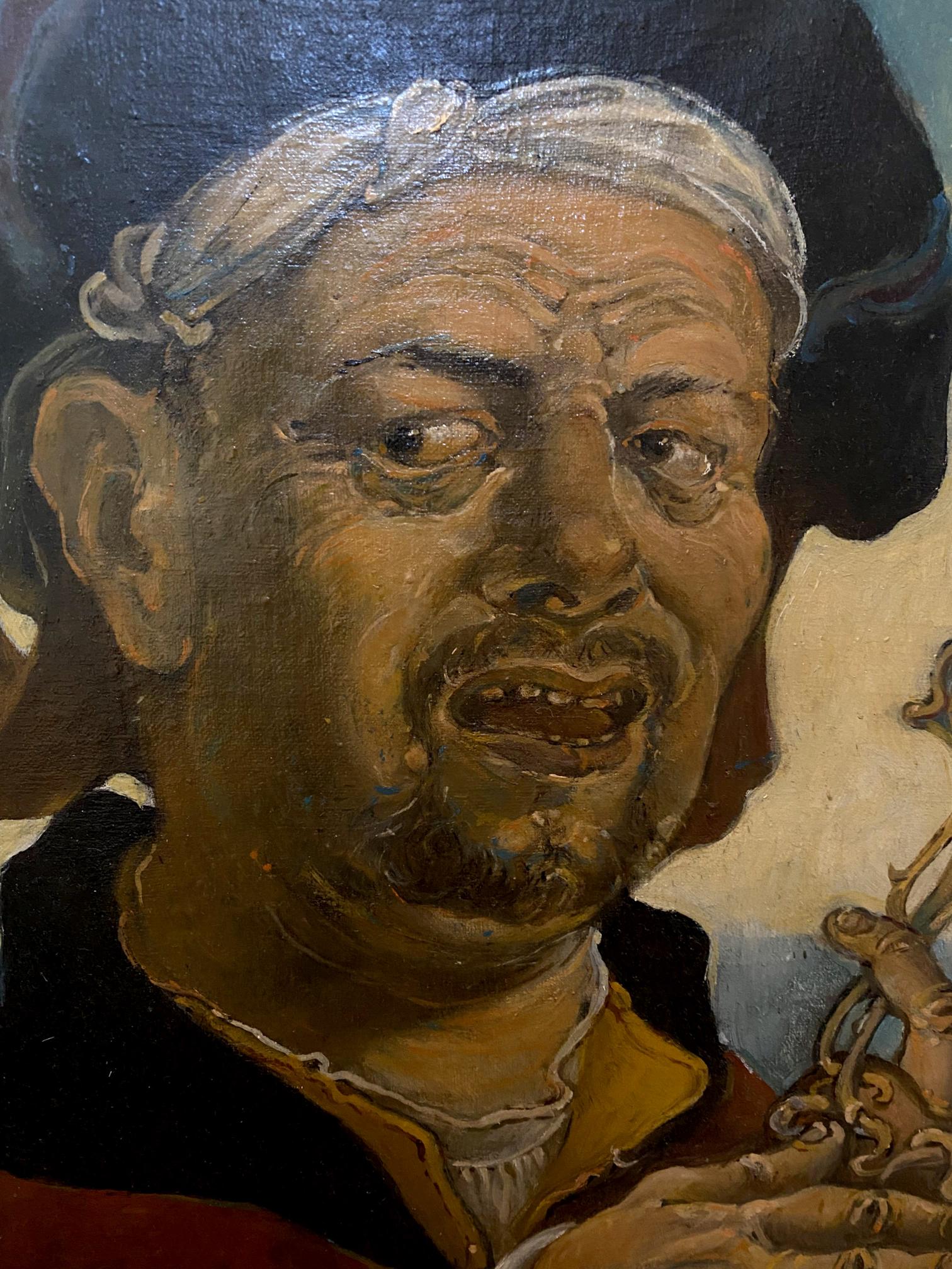 Oil painting self-portrait with hat by Oleg Litvinov, elderly man with white headband
