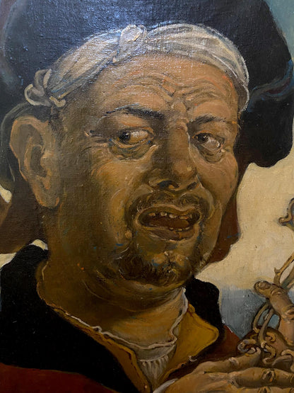 Oil painting self-portrait with hat by Oleg Litvinov, elderly man with white headband