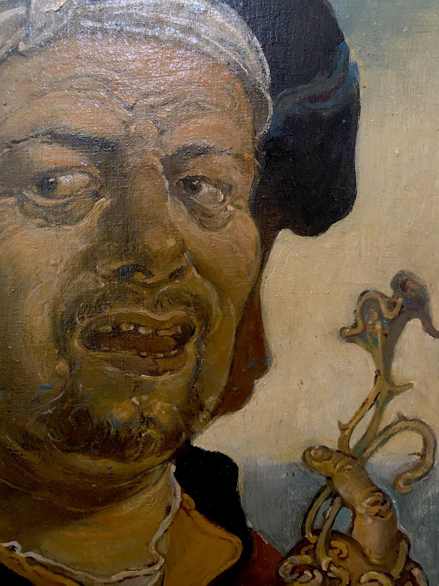 Oil painting self-portrait with hat by Oleg Litvinov, expressive eyes