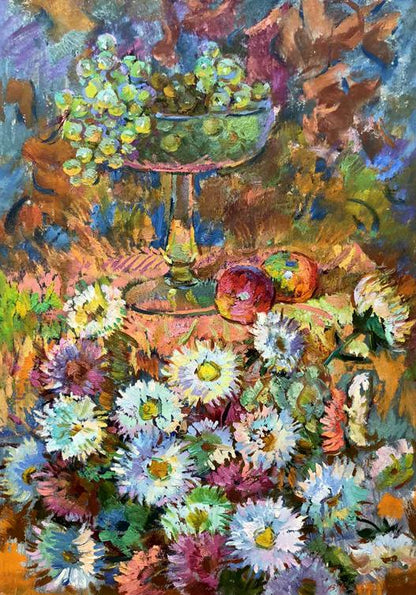 Oil painting Autumn bouquet Chehodar Vasyl: vibrant green glass bowl of grapes on pedestal