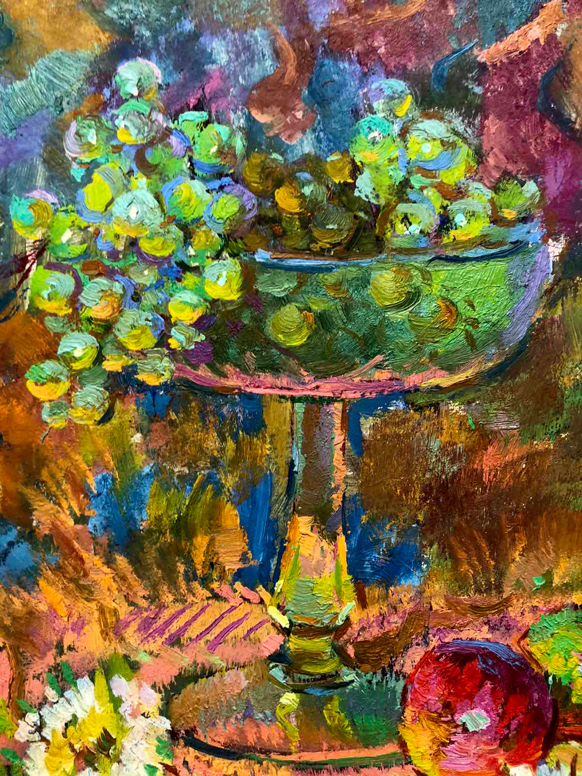 Vibrant impressionistic oil painting of green yellow grapes in ornate bowl by Chehodar Vasyl