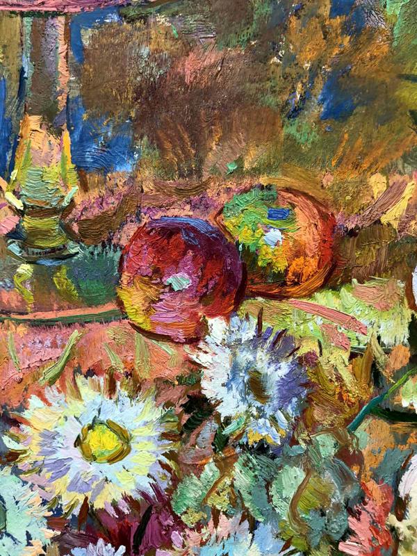 Vibrant impressionist oil painting Autumn bouquet by Chehodar Vasyl with textured red apples and daisies