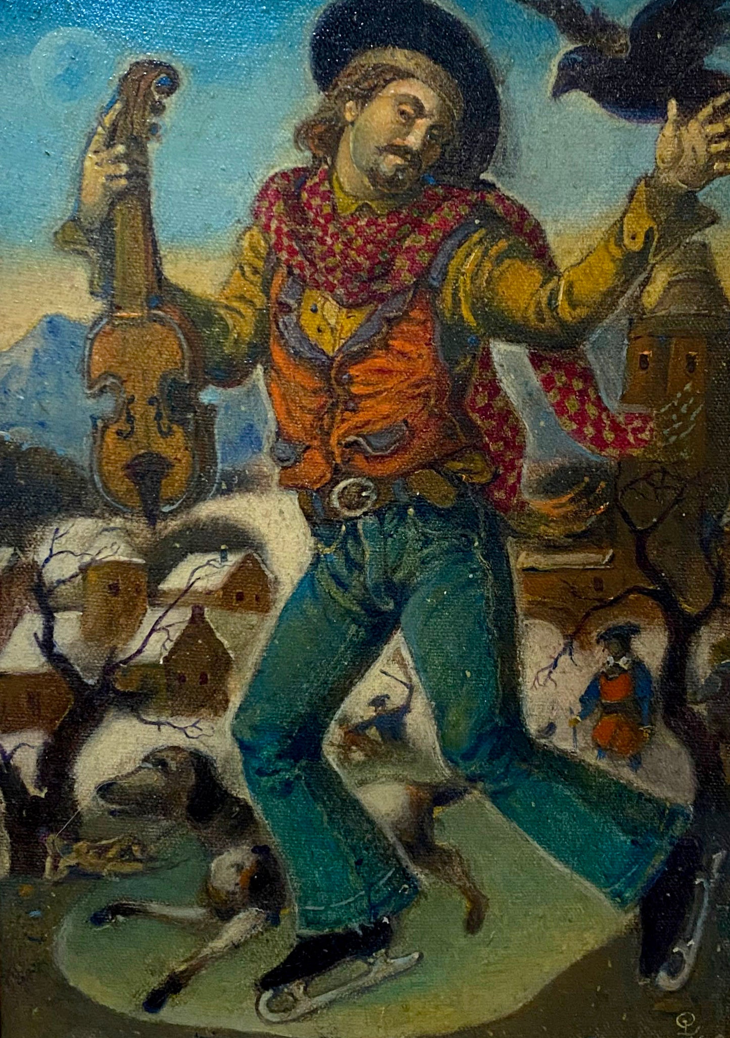 Oil painting by Litvinov Oleg Arkad’yevich: man ice skating with violin in snowy village
