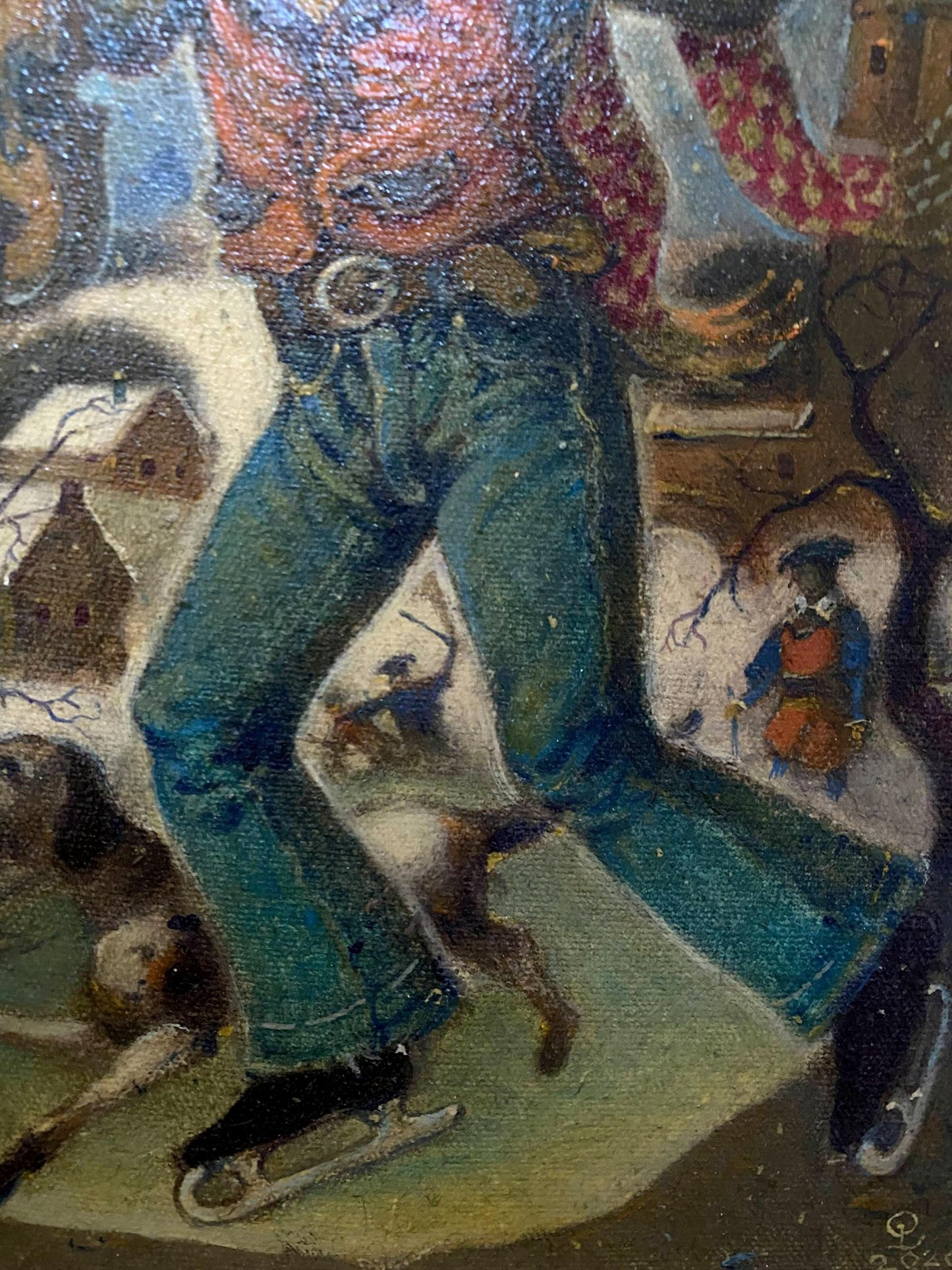 Oil painting Winter day for a walk by Litvinov Oleg Arkadyevich, teal trousers figure on ice skates